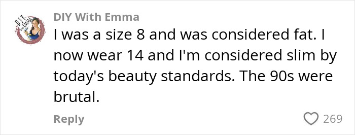 Comment about body image shifts and harsh 90s beauty standards, relating to millennials slamming Gen Z&rsquo;s Y2K skinny diet trend.