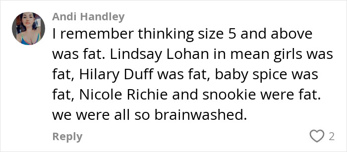 Social media comment criticizing Y2K skinny diet trend, reflecting millennial views on body image and diet culture.