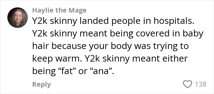 Comment discussing the health risks of the Y2K skinny diet trend and its impact on body image and wellness.