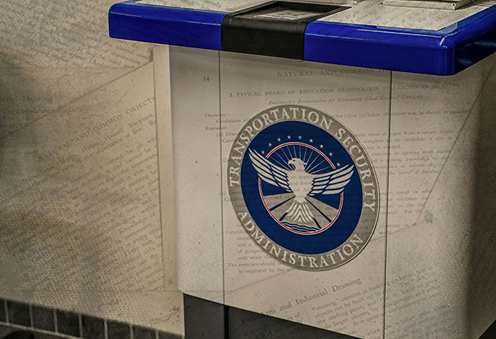 Transportation Security Administration trash bin with blue lid in airport setting, related to trafficking investigation by United Airlines crew