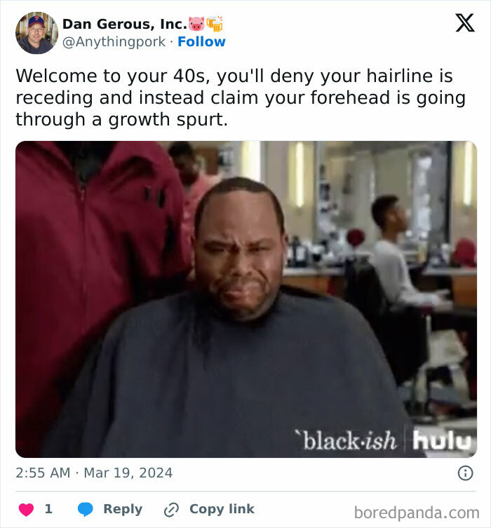 Man making a funny face at barbershop, illustrating the chaos of life after 40 and humor about hairline changes.