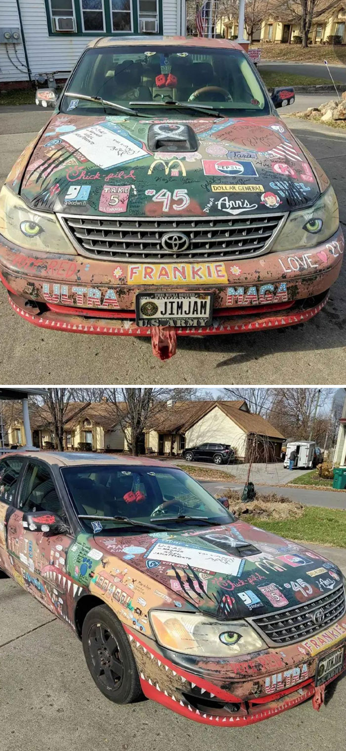 Outrageous car mods featuring a heavily decorated Toyota sedan with colorful and eclectic artwork on hood and bumper.