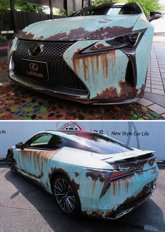 Lexus sports car modified with rust effect paint for an outrageous car mod that looks aged and weathered.