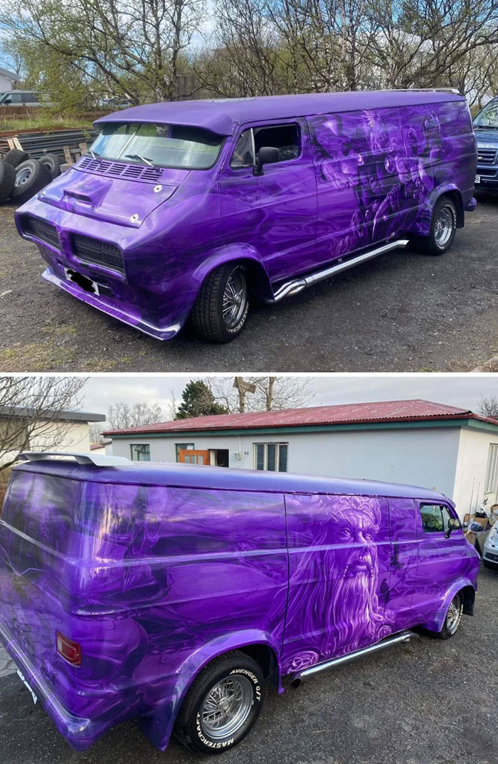 Purple van with detailed custom airbrush artwork and chrome pipes, showcasing outrageous car mods and unique paint design.