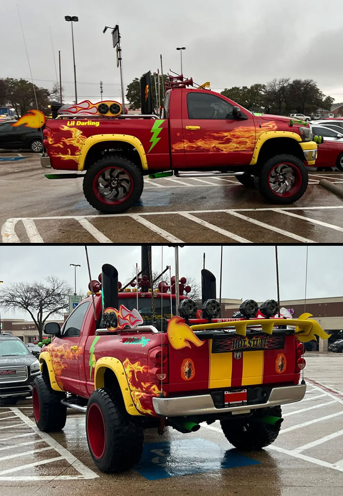 Customized lifted pickup truck with fiery flames and bold colors showcasing outrageous car mods and unique modifications.