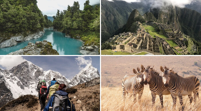 Four stunning vacation destination poll options showing lush river, ancient ruins, mountain hikers, and zebras in dry savanna grassland.