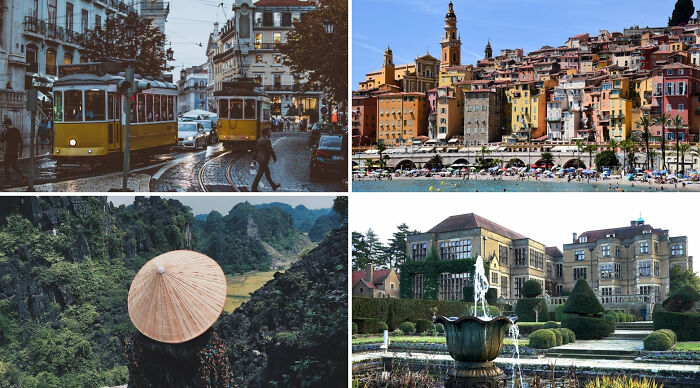 Collage of popular vacation destination scenes including city trams, coastal town, mountain landscape, and historic mansion garden.