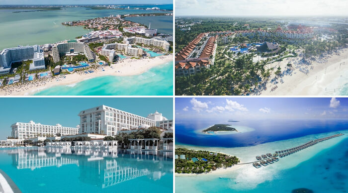 Collage of tropical vacation destinations with beaches, resorts, and clear ocean waters for vacation destination poll.