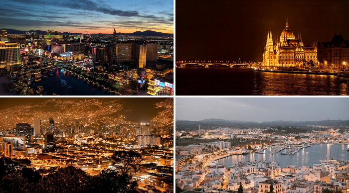 Collage of popular vacation destination cityscapes featuring night and day views with illuminated buildings and waterfronts.