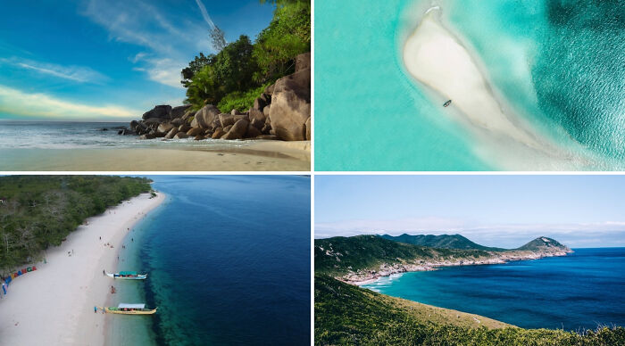 Collage of tropical beaches and clear blue waters showing popular vacation destination poll options.