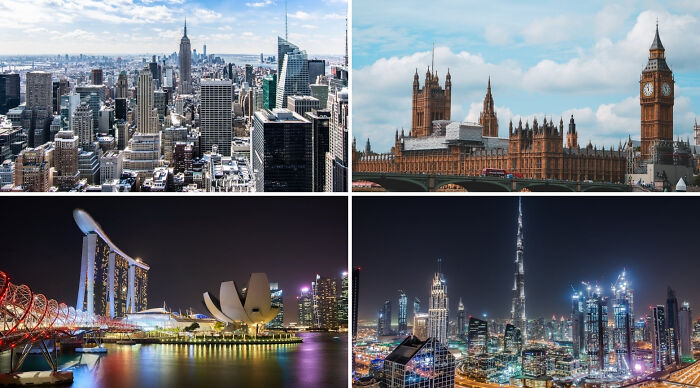 City skylines of popular vacation destinations including New York, London, Singapore, and Dubai featured in a vacation destination poll.