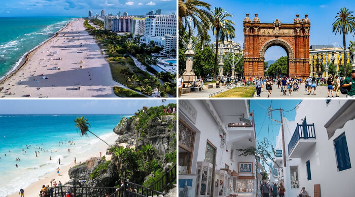 A collage showcasing popular vacation destination poll spots including beaches, historic arches, coastal cliffs, and charming streets.