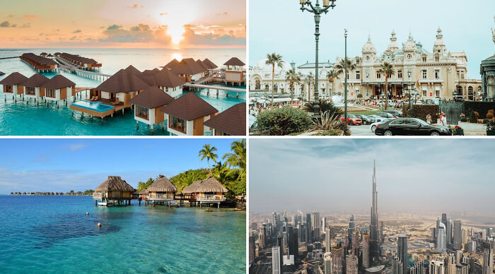 Overwater bungalows, historic city, tropical huts, and modern skyscrapers featured in vacation destination poll.