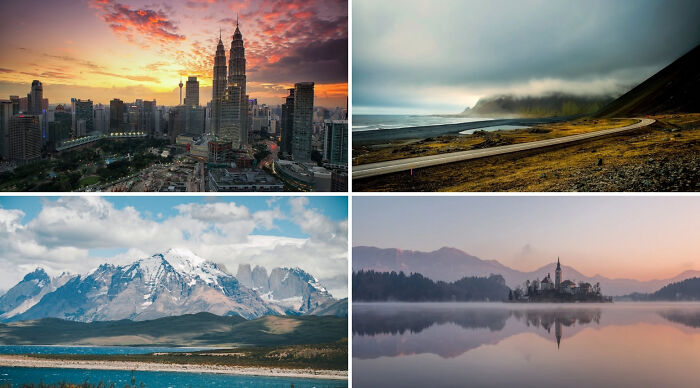 Collage of vacation destination poll showcasing city skyline, coastal road, snowy mountains, and serene lake scenery at sunset.