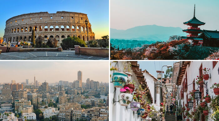 Famous global vacation destination poll featuring landmarks in Rome, Kyoto, a cityscape, and a vibrant flower-decorated street.