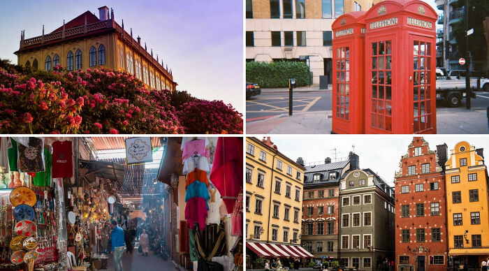 Collage of popular vacation destination scenes including historic buildings, a red phone booth, vibrant market, and colorful city square.