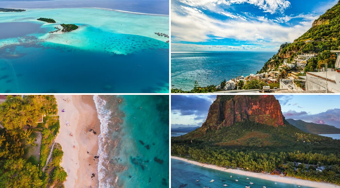 A collage of tropical beaches and coastal landscapes showcasing popular vacation destination poll choices.
