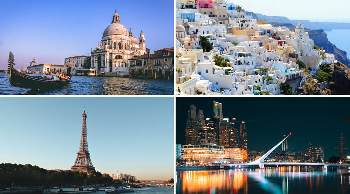 Collage of popular vacation destination landmarks including Venice gondola, Santorini white buildings, Eiffel Tower, and city skyline at night.