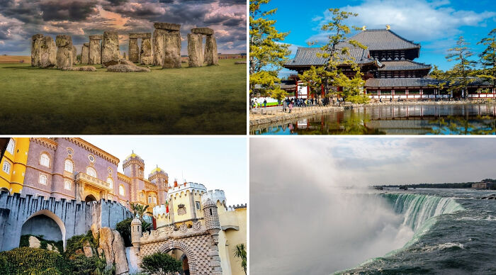 Stonehenge, a traditional Japanese temple, a colorful European castle, and Niagara Falls as popular vacation destination poll options.