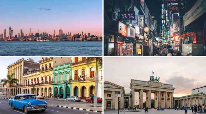 Four popular vacation destination scenes including a city skyline, busy street at night, colorful buildings with classic cars, and a historic gate at sunset.