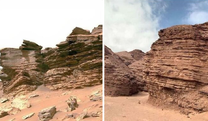 Rock formations with layered sediment in a desert landscape, showcasing extraordinary and fascinating natural sights.