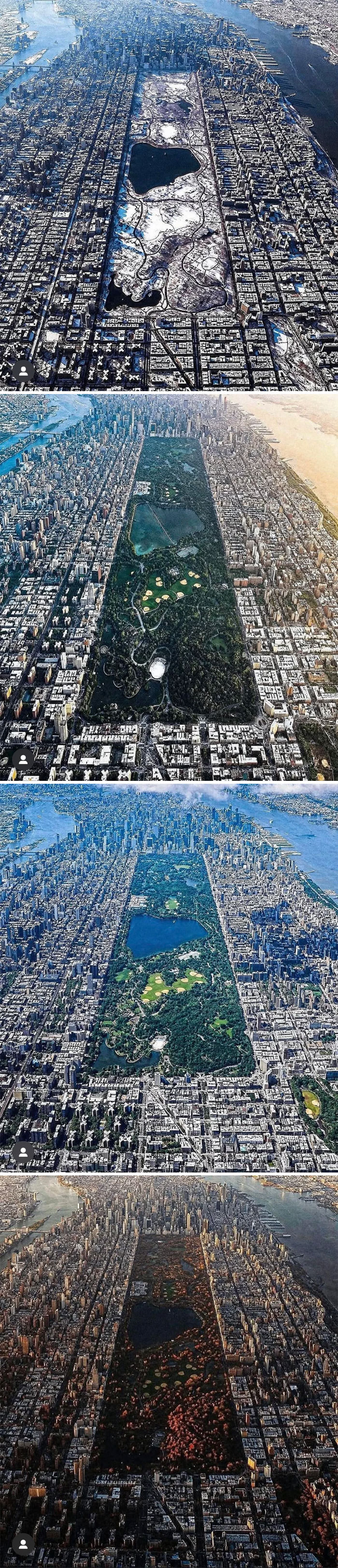 Aerial views of Central Park across different seasons showing extraordinary and fascinating city landscapes.