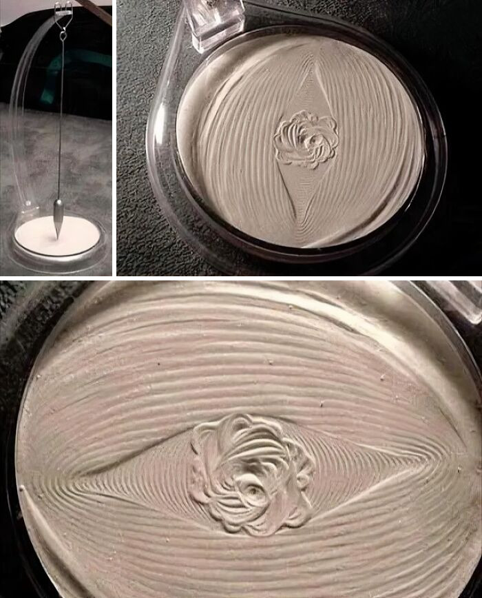 Pendulum creating extraordinary and fascinating sand patterns inside a clear container, showcasing unique wave formations.