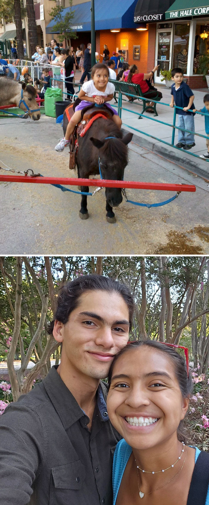 Child riding a pony at a street event and a smiling young couple taking a selfie outdoors in nature.