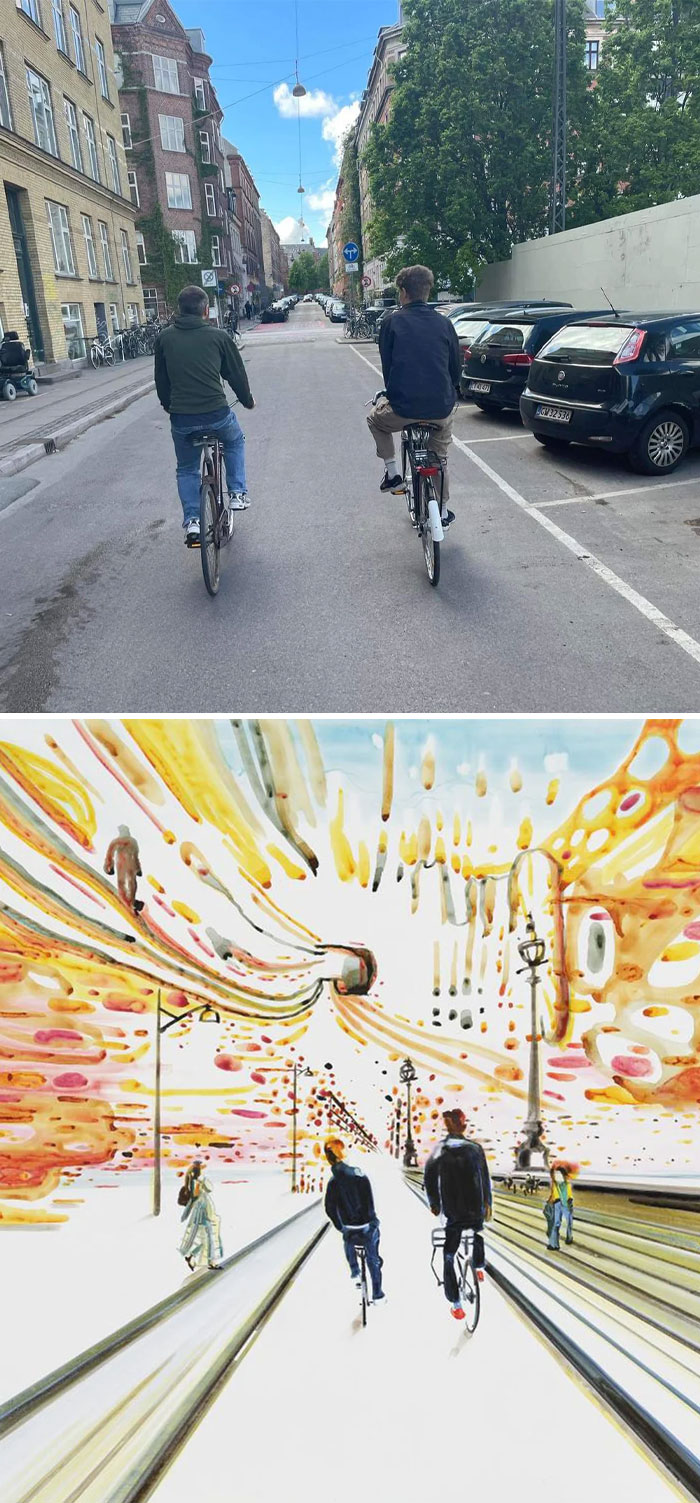 Two men riding bicycles on a city street and an artistic interpretation of the same scene with extraordinary visual effects.