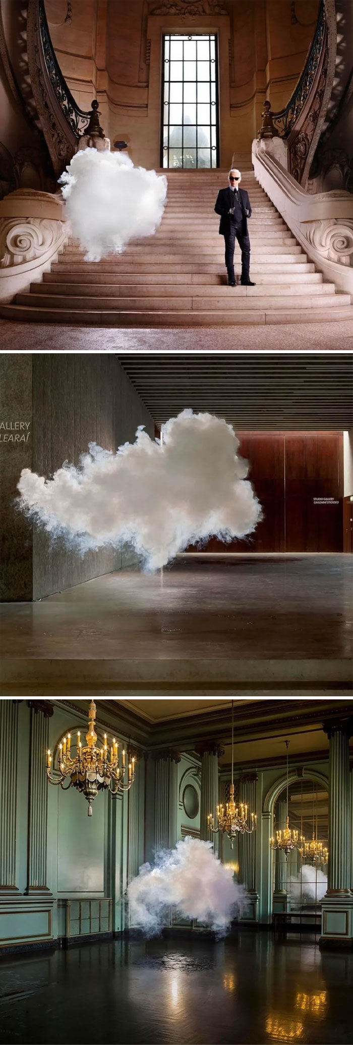 Three images showing extraordinary and fascinating floating cloud-like art installations in elegant indoor settings.