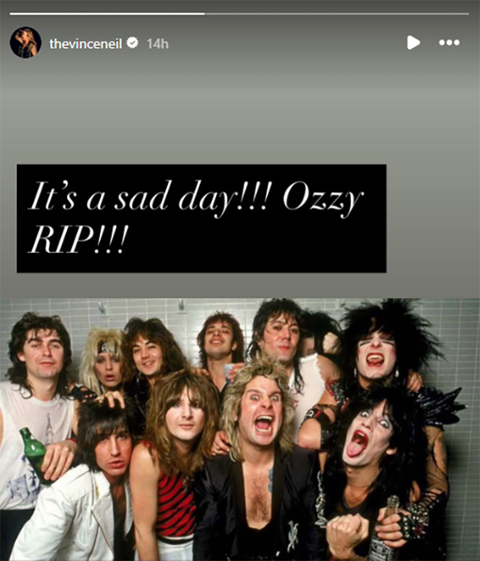 Rock legends gathered in a group photo mourning Ozzy Osbourne with emotional tribute message expressing sadness.