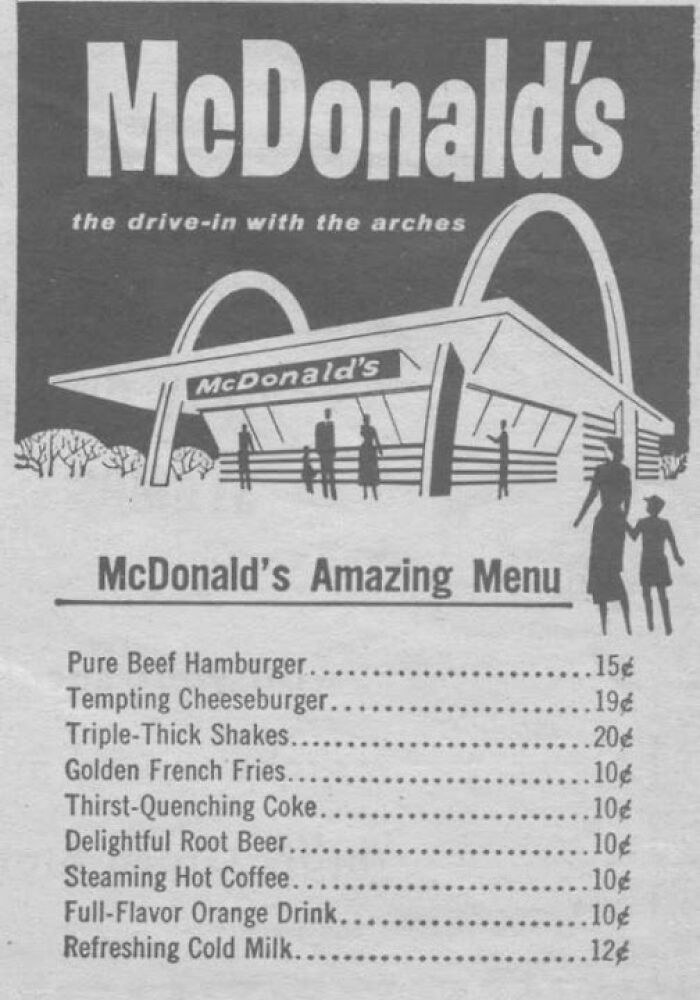 Vintage McDonald's menu from the 1950s featuring classic items and prices, showcasing vintage things that are as weird as wonderful