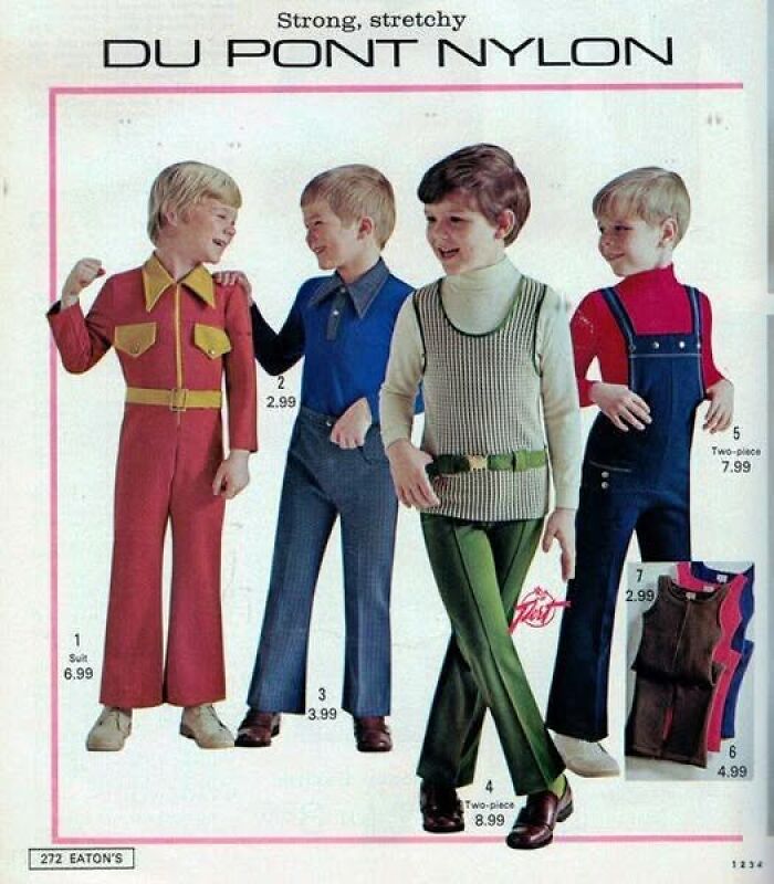 Four boys modeling colorful vintage Du Pont nylon outfits, showcasing weird and wonderful retro fashion styles.