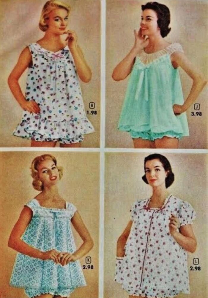 Four women modeling vintage lingerie sets with floral and lace patterns, showcasing vintage things that are both weird and wonderful.