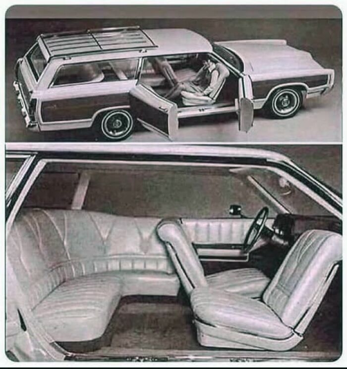 Vintage weird station wagon with unique curved seating and unusual door configuration, showcasing a rare vintage thing design.
