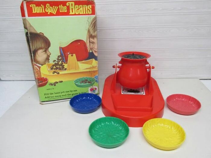 Vintage game Don't Spill the Beans with colorful bowls and red bean pot, a quirky vintage thing that's both weird and wonderful