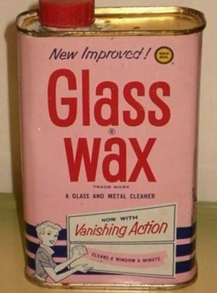 Vintage Glass Wax cleaner can with pink label and red cap, a weird and wonderful vintage thing from the past.