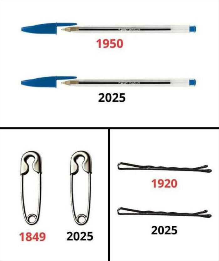 Comparison of vintage things and their 2025 versions including pens, safety pins, and hairpins showcasing timeless design.