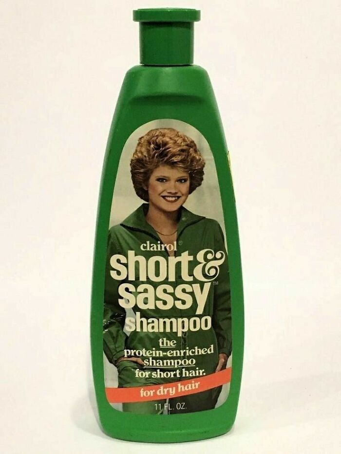 Vintage short and sassy shampoo bottle with 1980s design, featuring protein-enriched formula for dry hair in retro packaging.
