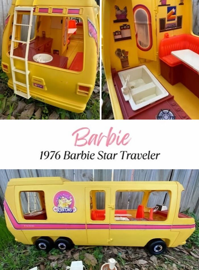 Vintage 1976 Barbie Star Traveler camper with detailed interior, bright yellow exterior, and retro pink accents.