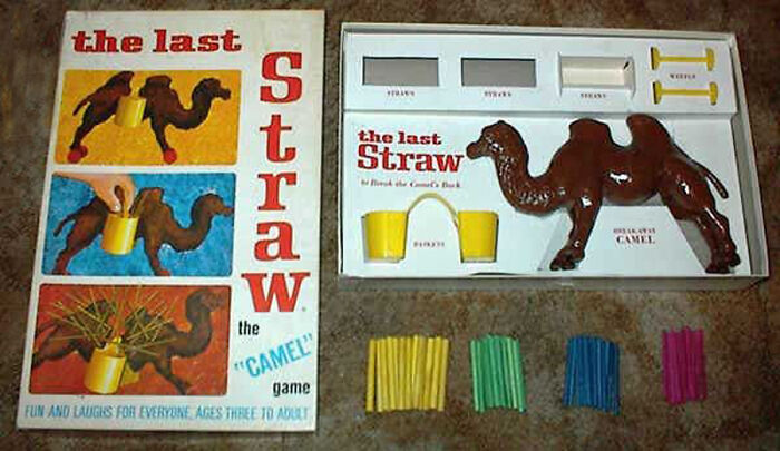 Vintage board game called the last straw featuring a camel figure and colorful straws, a quirky vintage collectible item.