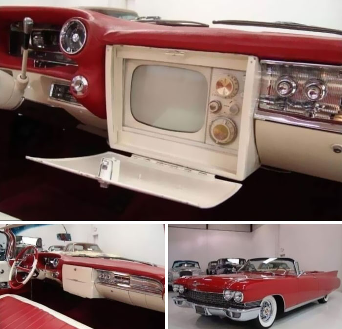 Vintage car with built-in retro television screen and classic red and white interior design from a mid-century era model.