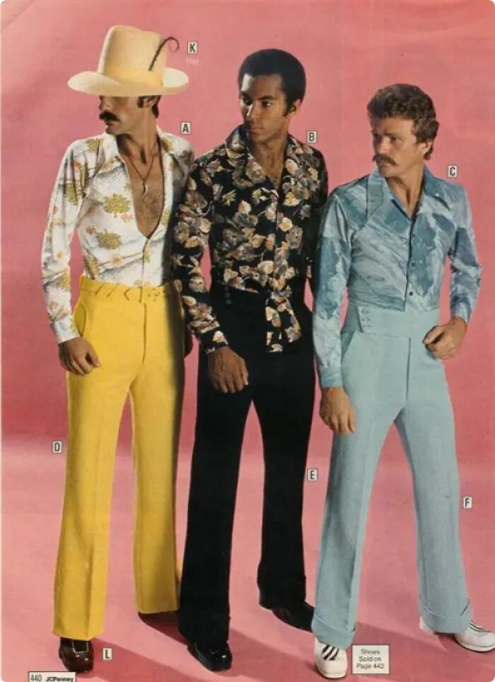 Three men wearing vintage 1970s floral shirts and flared pants, showcasing retro vintage fashion styles.