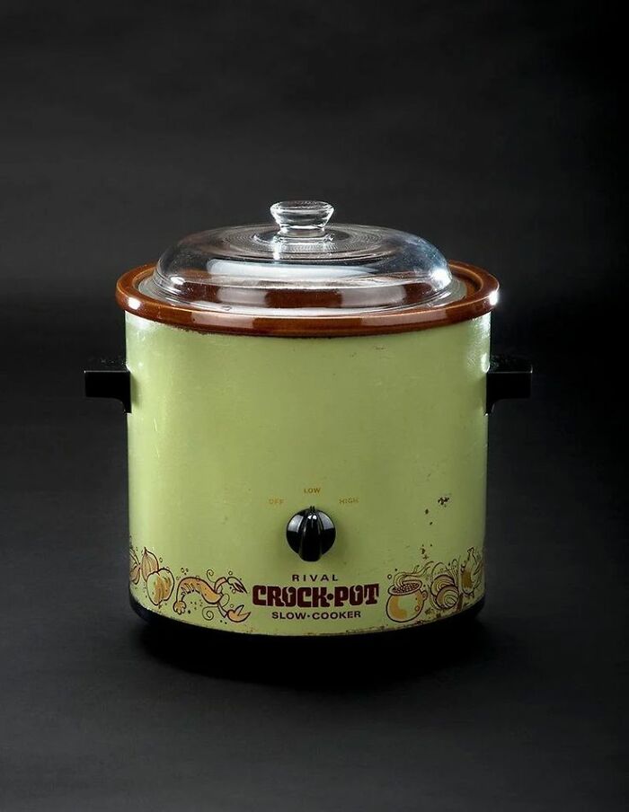 Vintage Rival crock-pot slow cooker with retro design and glass lid, showcasing classic vintage things that are both weird and wonderful.