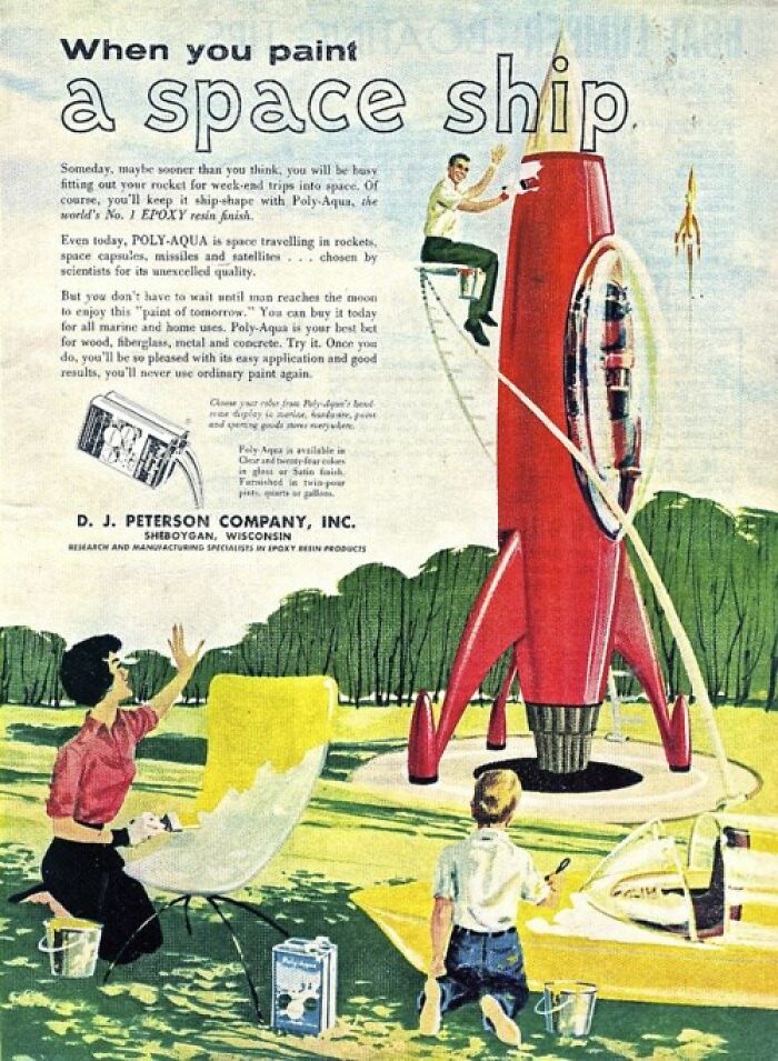 Vintage advertisement showing a man painting a red spaceship model outdoors, highlighting vintage things that are weird and wonderful.