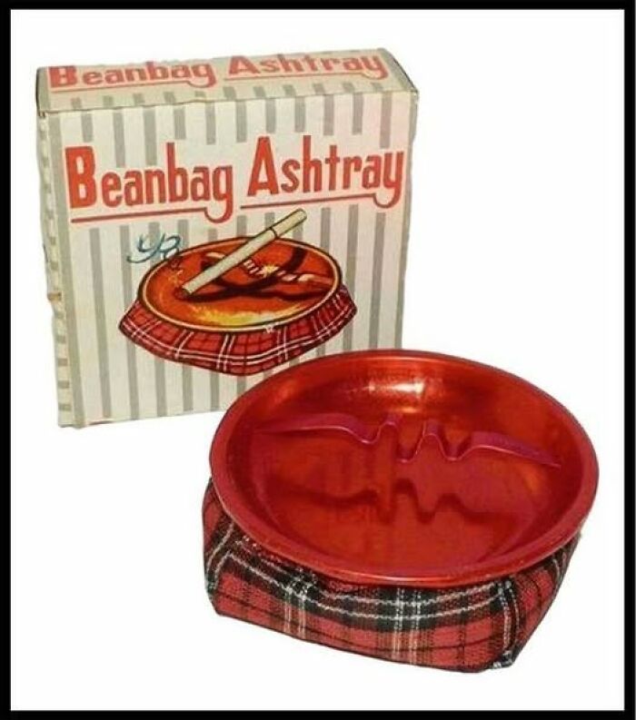 Vintage beanbag ashtray with red plastic top and plaid fabric base, showcasing a unique vintage thing design.