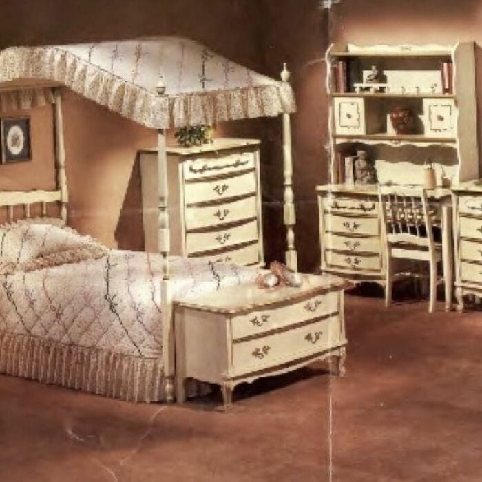 Vintage bedroom furniture set with canopy bed, dresser, and desk showcasing vintage things that are as weird as wonderful