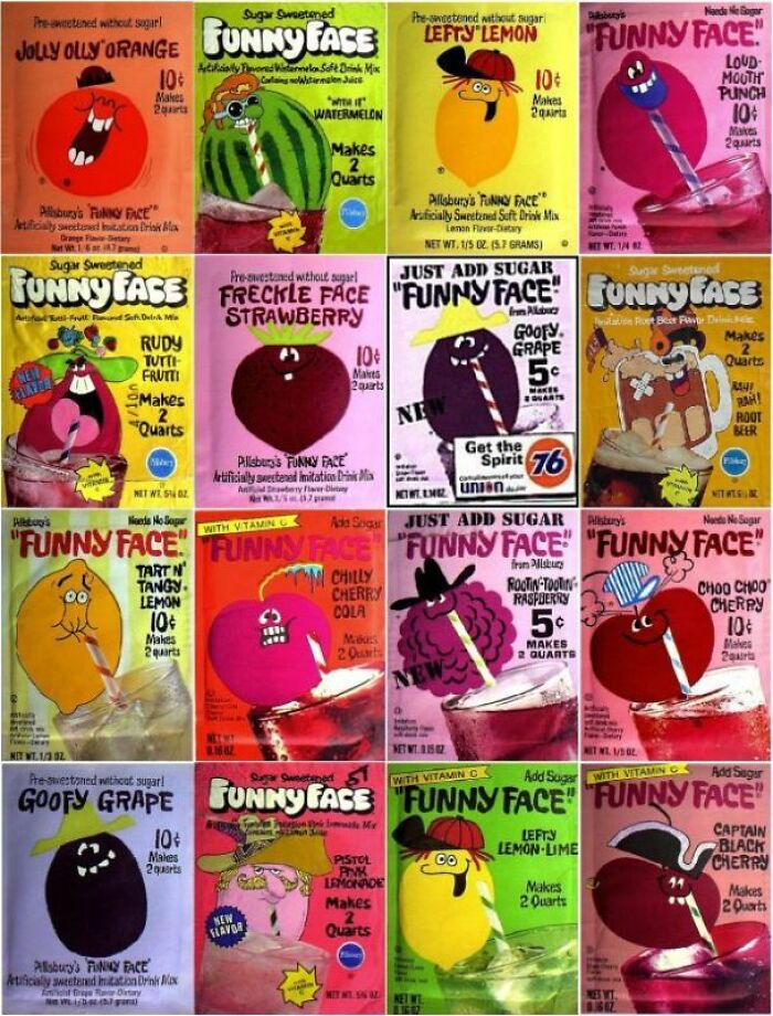 Vintage Funny Face drink mix boxes featuring colorful, quirky fruit characters from retro collections of vintage things.