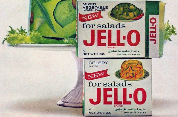 Vintage Jell-O salad gelatin boxes in mixed vegetable and celery flavors, a quirky vintage thing collection.