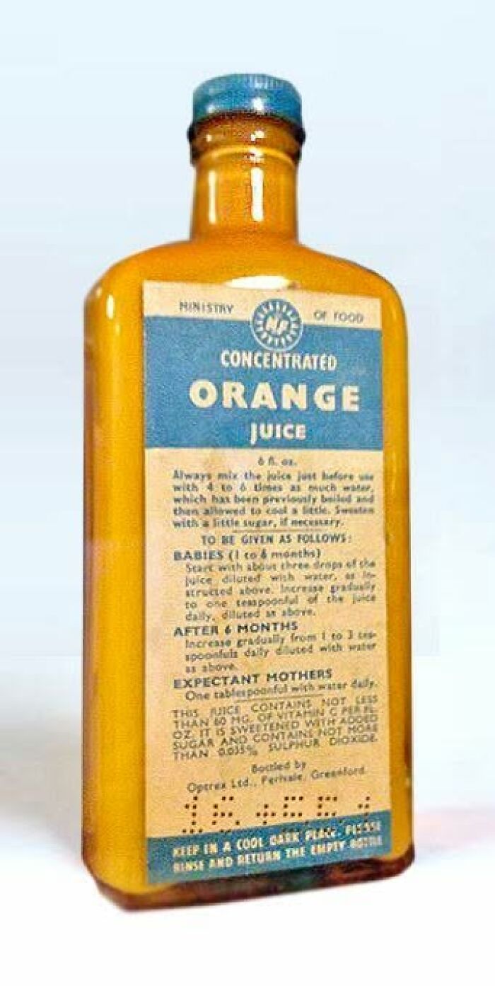 Vintage concentrated orange juice bottle with detailed usage instructions for babies and expectant mothers.